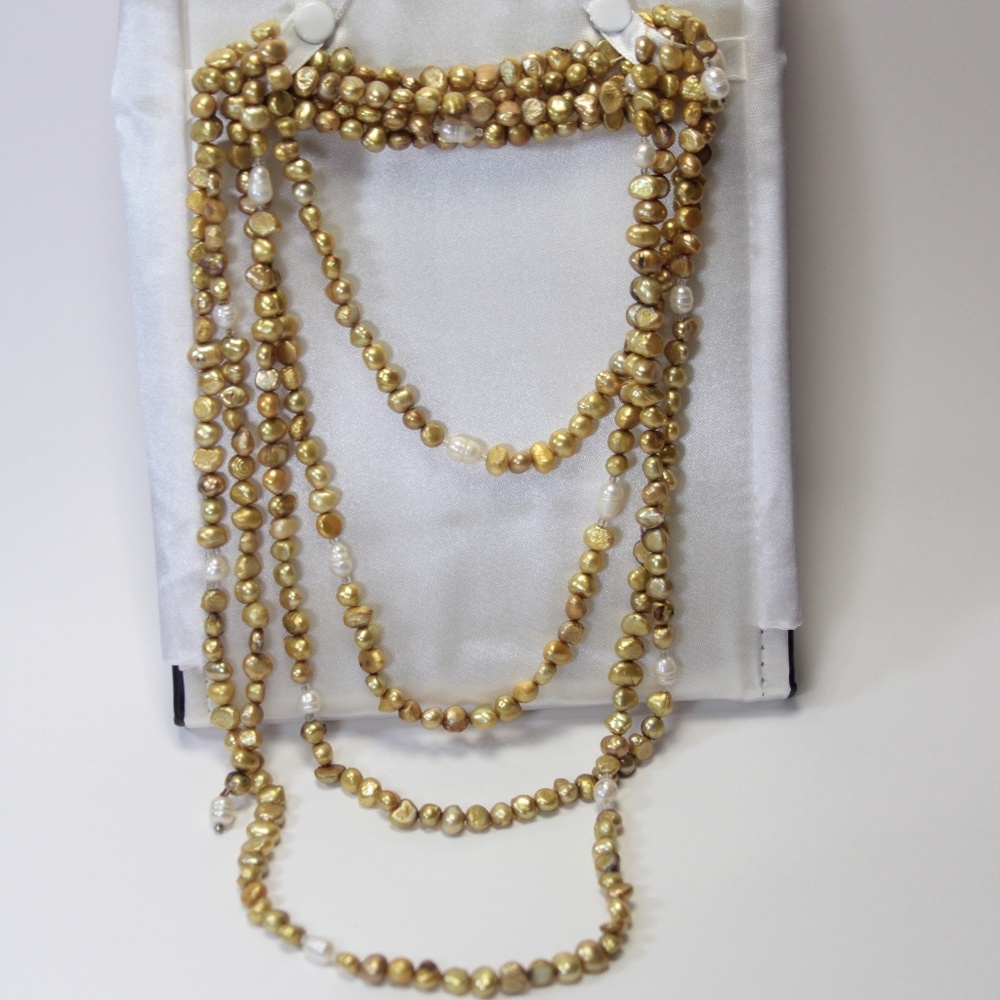 Gold Dyed Baroque Freshwater Pearls Wrap Around Necklace 96"
